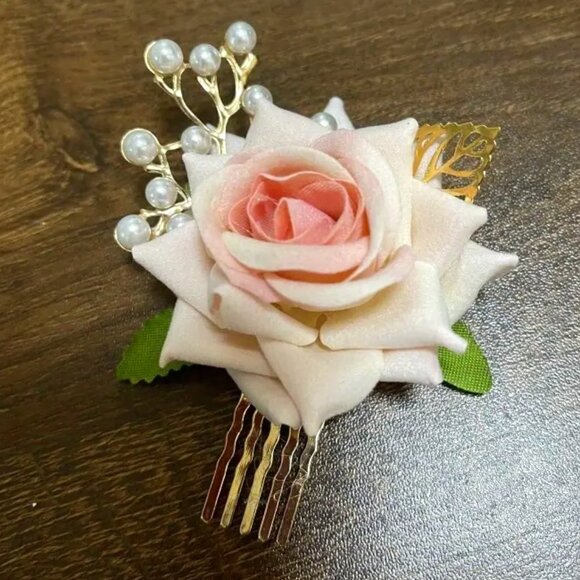 BLUSH ROSE & PEARL HAIR COMB - Picture 1 of 2